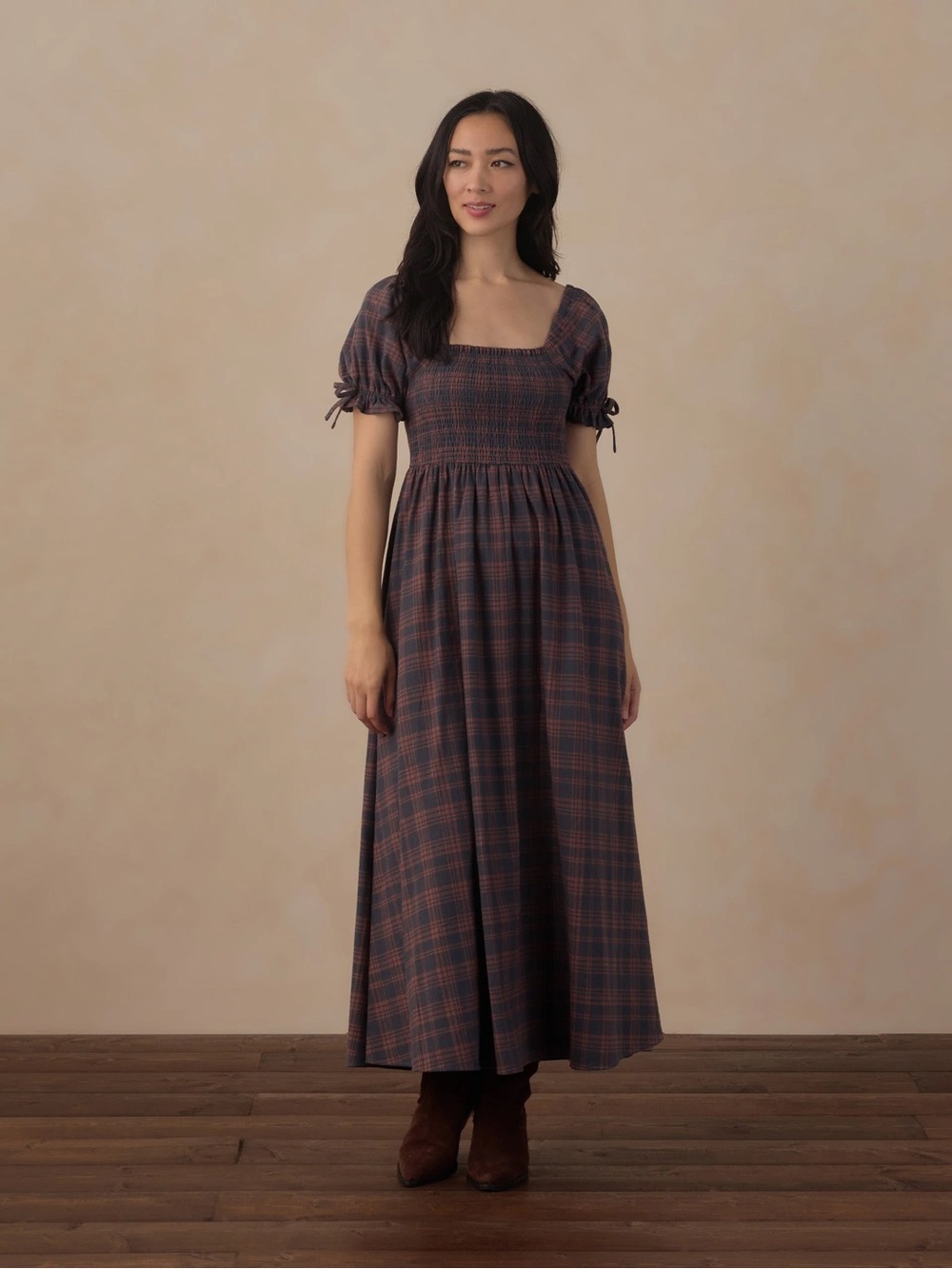 Rylee + Cru Navy and Rust Plaid Smocked Maxi Dress